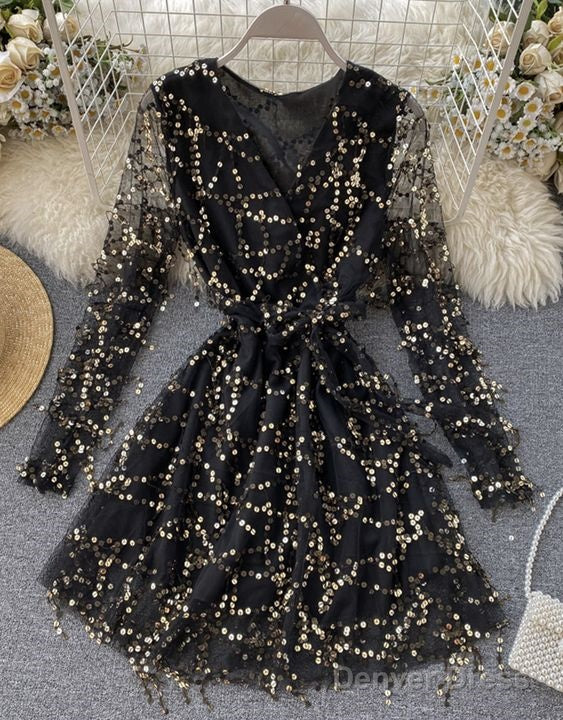 A Line V Neck Tulle Sequins Dress Long Sleeve Dress Homecoming Dresses