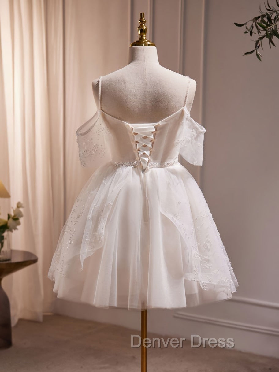 A Line V Neck Tulle Short Beige Prom Dress, Cute Beige Homecoming Dresses