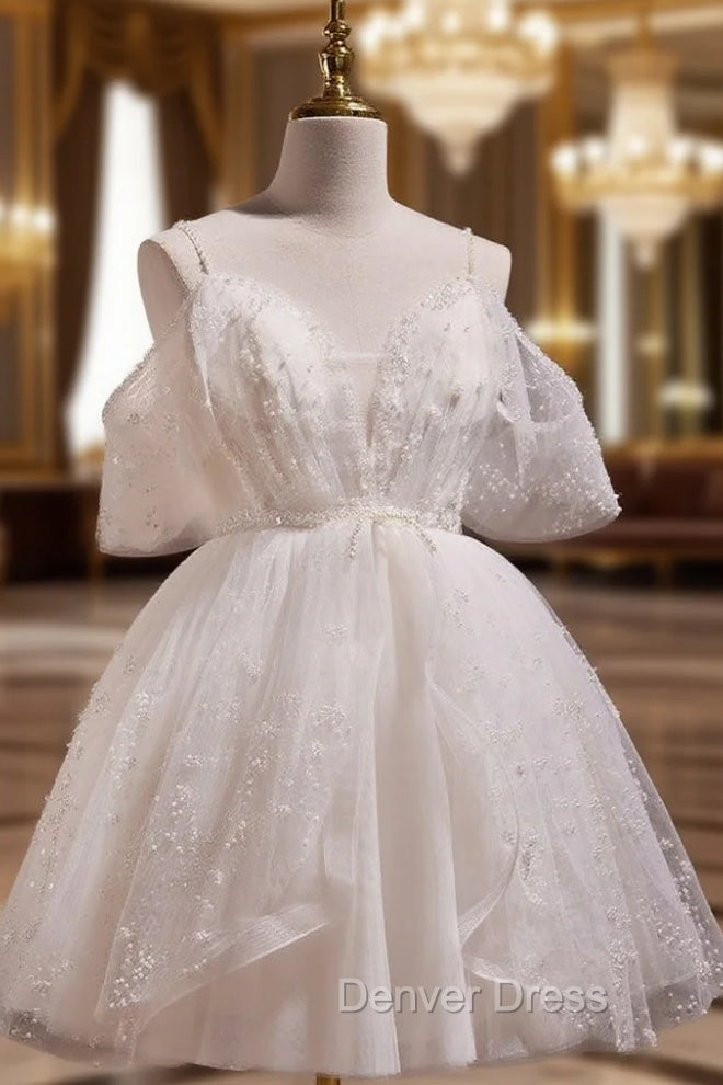 A-Line V Neck Tulle Short Beige Prom Dresses, Cute Beige Homecoming Dresses Main image