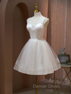 A Line v neck tulle Short Beige Prom Dresses, Cute Puffy Beige Homecoming Dresses With Beading
