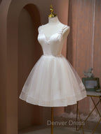 A Line v neck tulle Short Beige Prom Dress, Cute Puffy Beige Homecoming Dresses With Beading