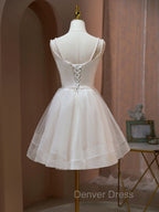 A Line v neck tulle Short Beige Prom Dress, Cute Puffy Beige Homecoming Dresses With Beading