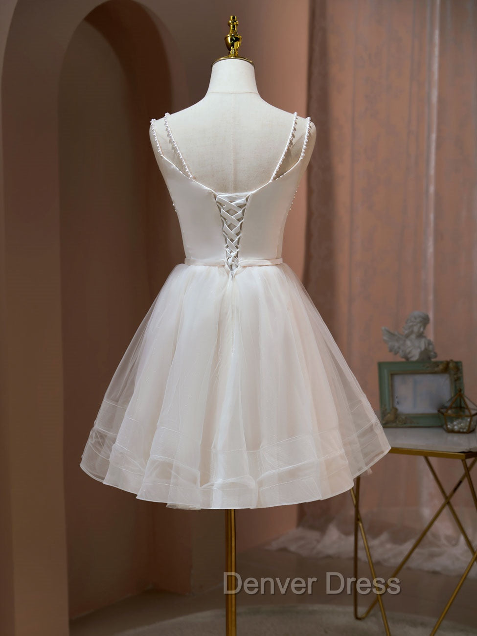 A Line v neck tulle Short Beige Prom Dress, Cute Puffy Beige Homecoming Dresses With Beading