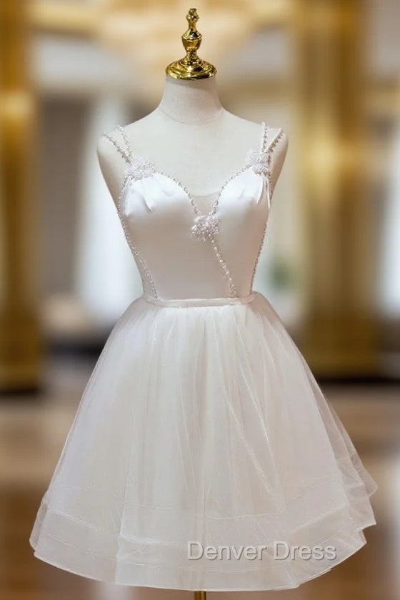 A Line v neck tulle Short Beige Prom Dresses, Cute Puffy Beige Homecoming Dresses With Beading
