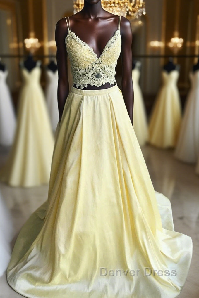 A Line V Neck Two Pieces Lace Top Yellow Prom Dress, Two Pieces Yellow Prom Dress, Yellow Lace Prom Dresses Main image