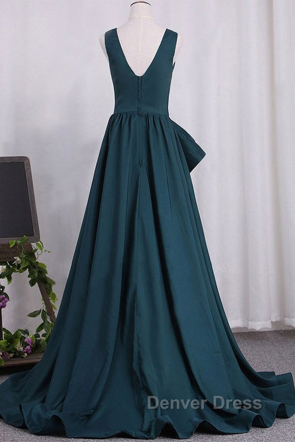 A Line V Neck V Back Green Satin Long Prom Dress, Long Green Prom Dresses Secondary image