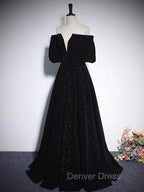 A-Line V Neck Velvet Black Long Prom Dresses, Black Formal Evening Dresses