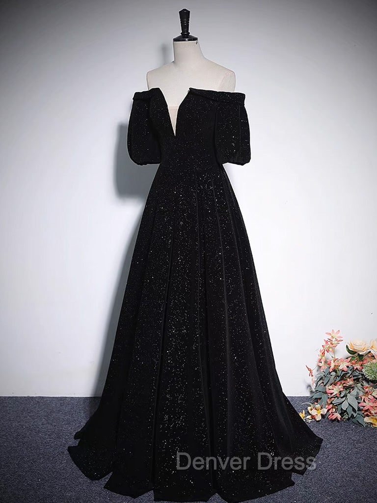 A-Line V Neck Velvet Black Long Prom Dresses, Black Formal Evening Dresses