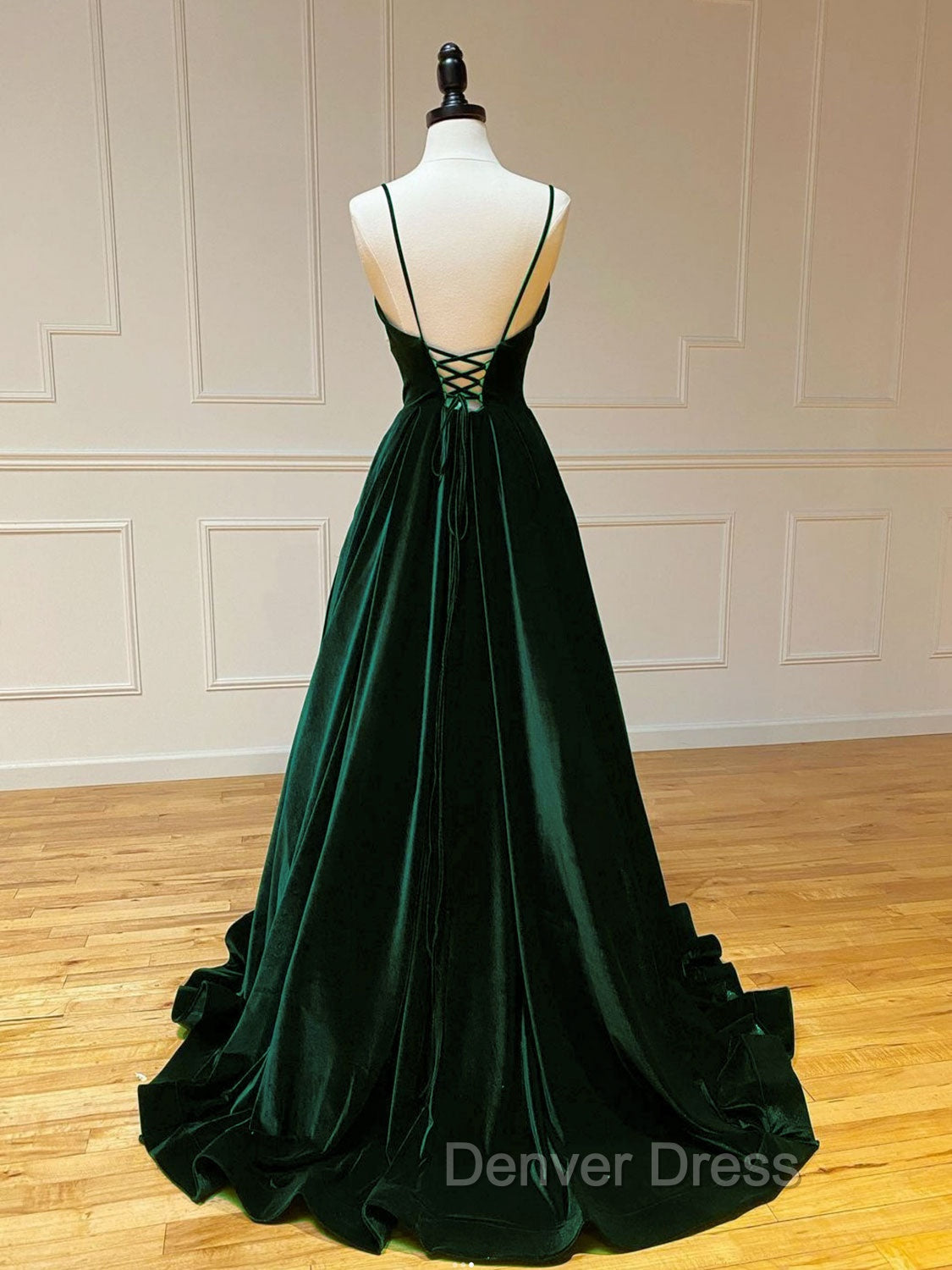 A-Line V Neck Velvet Green Long Prom Dresses, Green Velvet Formal Dresses Secondary image
