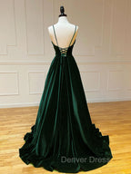 A Line V Neck Velvet Green Long Prom Dress, Green Velvet Prom Dresses