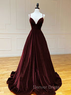 A Line V Neck Velvet Green Long Prom Dress, Green Velvet Prom Dresses
