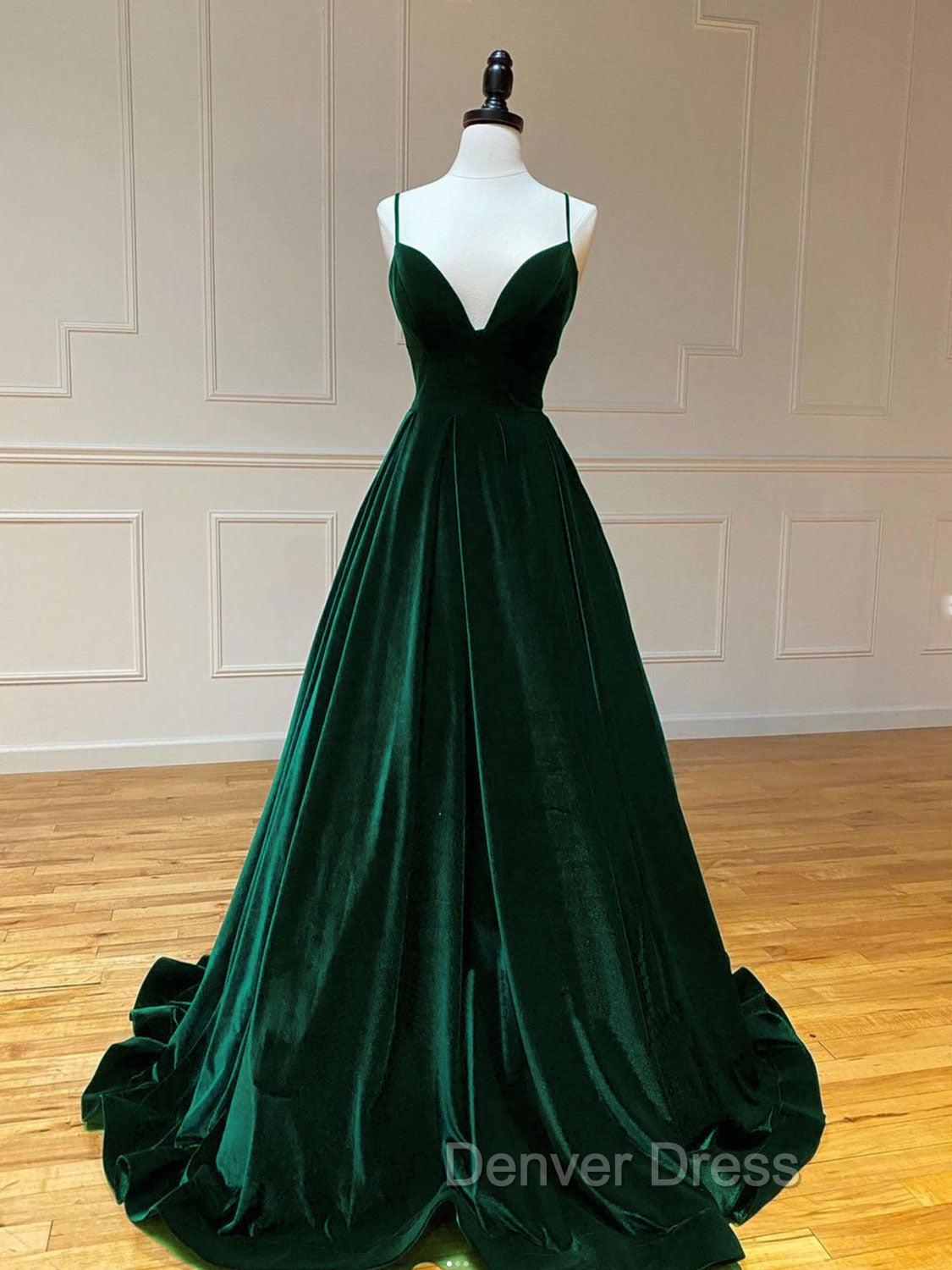 A-Line V Neck Velvet Green Long Prom Dresses, Green Velvet Formal Dresses Main image