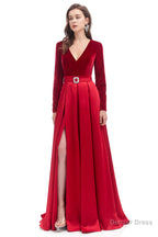 A Line V Neck Velvet Long Prom Dresses