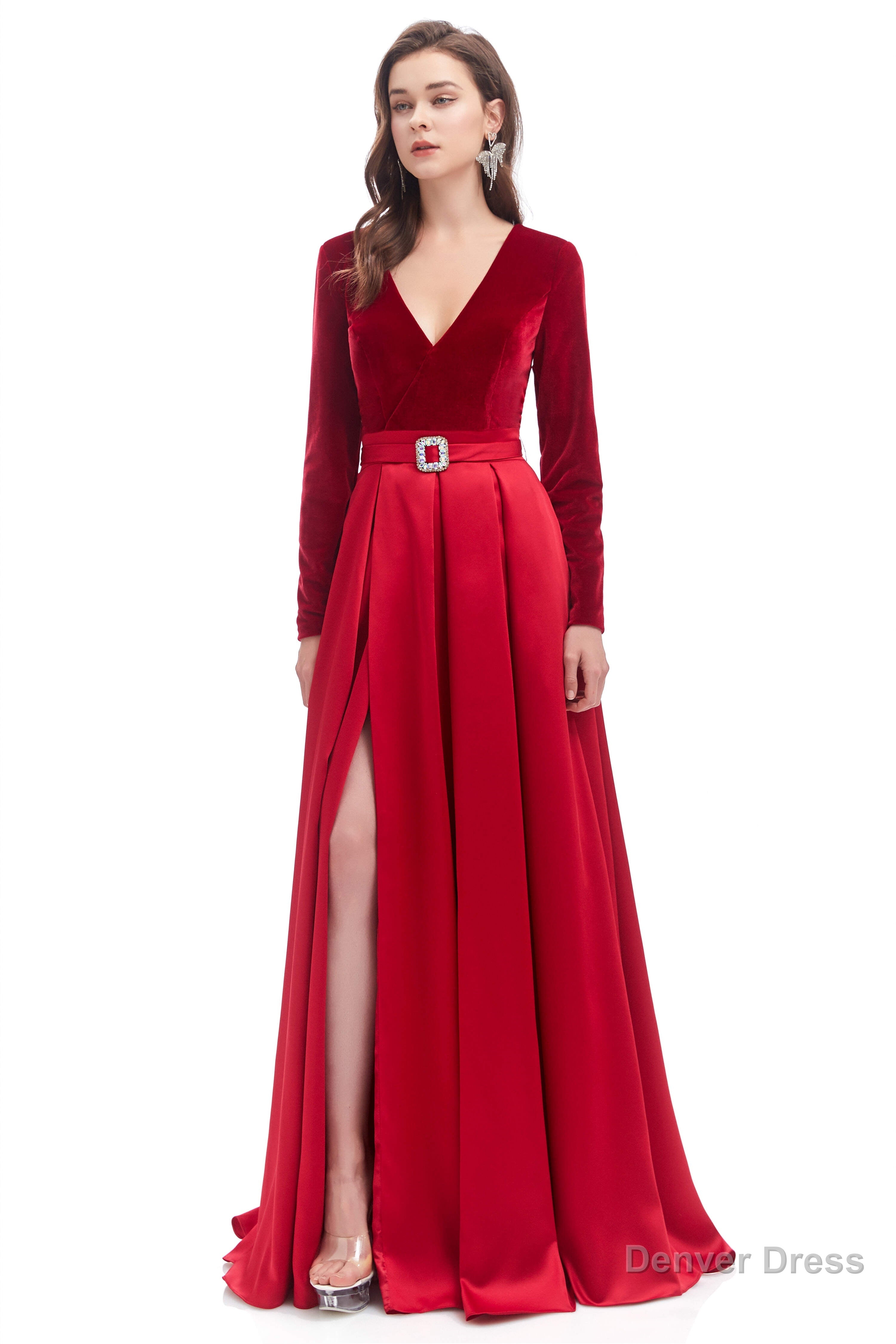 A Line V Neck Velvet Long Prom Dresses