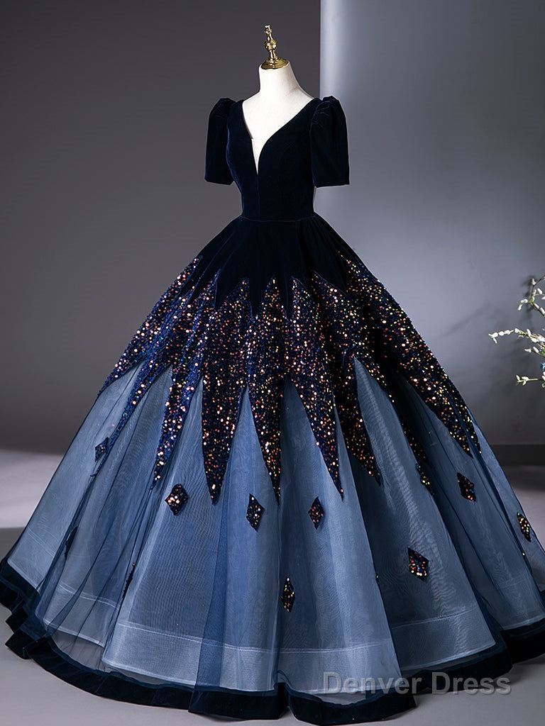 A-Line V Neck Velvet Tulle Dark Blue Long Prom Dress, Dark Blue Long Evening Dress Secondary image