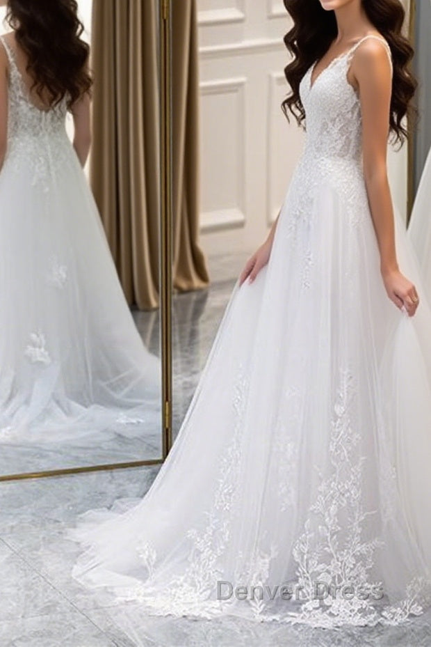 A Line V Neck White Lace Long Prom Dresses, White Lace Wedding Dresses, White Formal Evening Dresses Main image