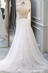 A Line V Neck White Lace Long Prom Dress, White Lace Wedding Dress, White Formal Evening Dress A1801