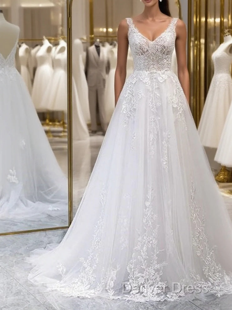 A Line V Neck White Lace Long Prom Dresses, White Lace Wedding Dresses, White Formal Evening Dresses A1801 Main image