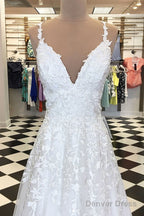 A Line V Neck White Lace Prom Dress, White Lace Prom Graduation Bridesmaid Dresses