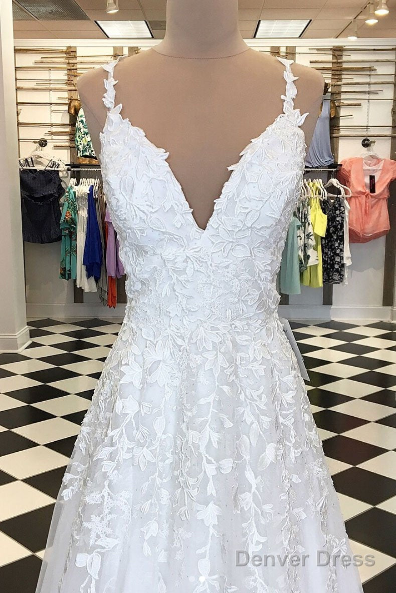 A Line V Neck White Lace Prom Dress, White Lace Prom Graduation Bridesmaid Dresses