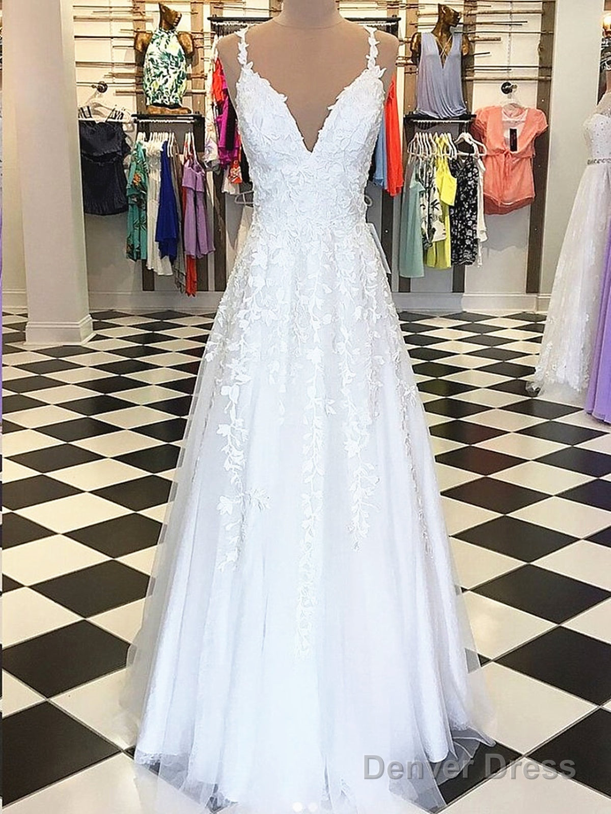 A Line V Neck White Lace Prom Dress, White Lace Prom Graduation Bridesmaid Dresses Main image