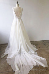 A Line V Neck White Prom Dresses With Train, V Neck Formal Wedding Dresses With Train