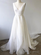 A Line V Neck White Prom Dress With Train, V Neck Prom Wedding Dresses With Train