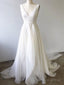 A Line V Neck White Prom Dress With Train, V Neck Prom Wedding Dresses With Train