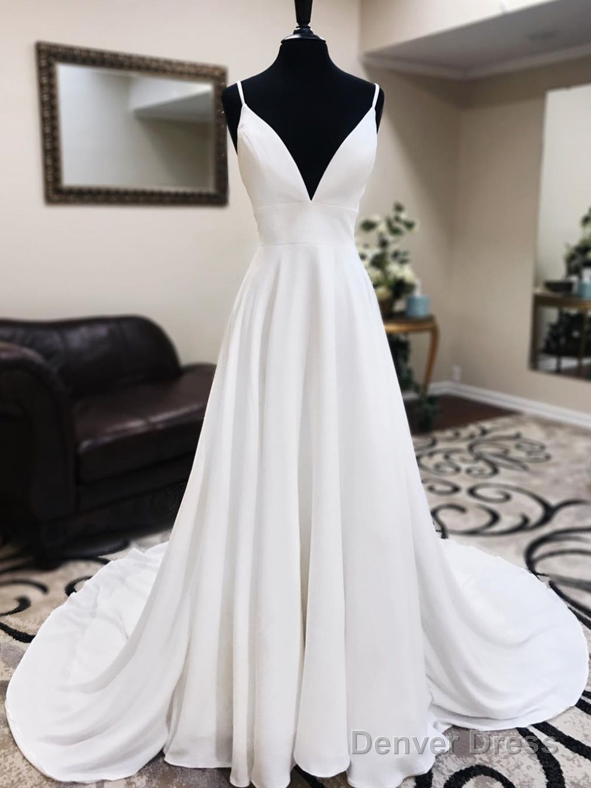 A Line V Neck White Satin Prom Dress With Lace Back, V Neck White Lace Wedding Dresses Main image