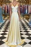 A Line V Neck Yellow Long Prom Dress, Yellow Long Backless Prom Dresses