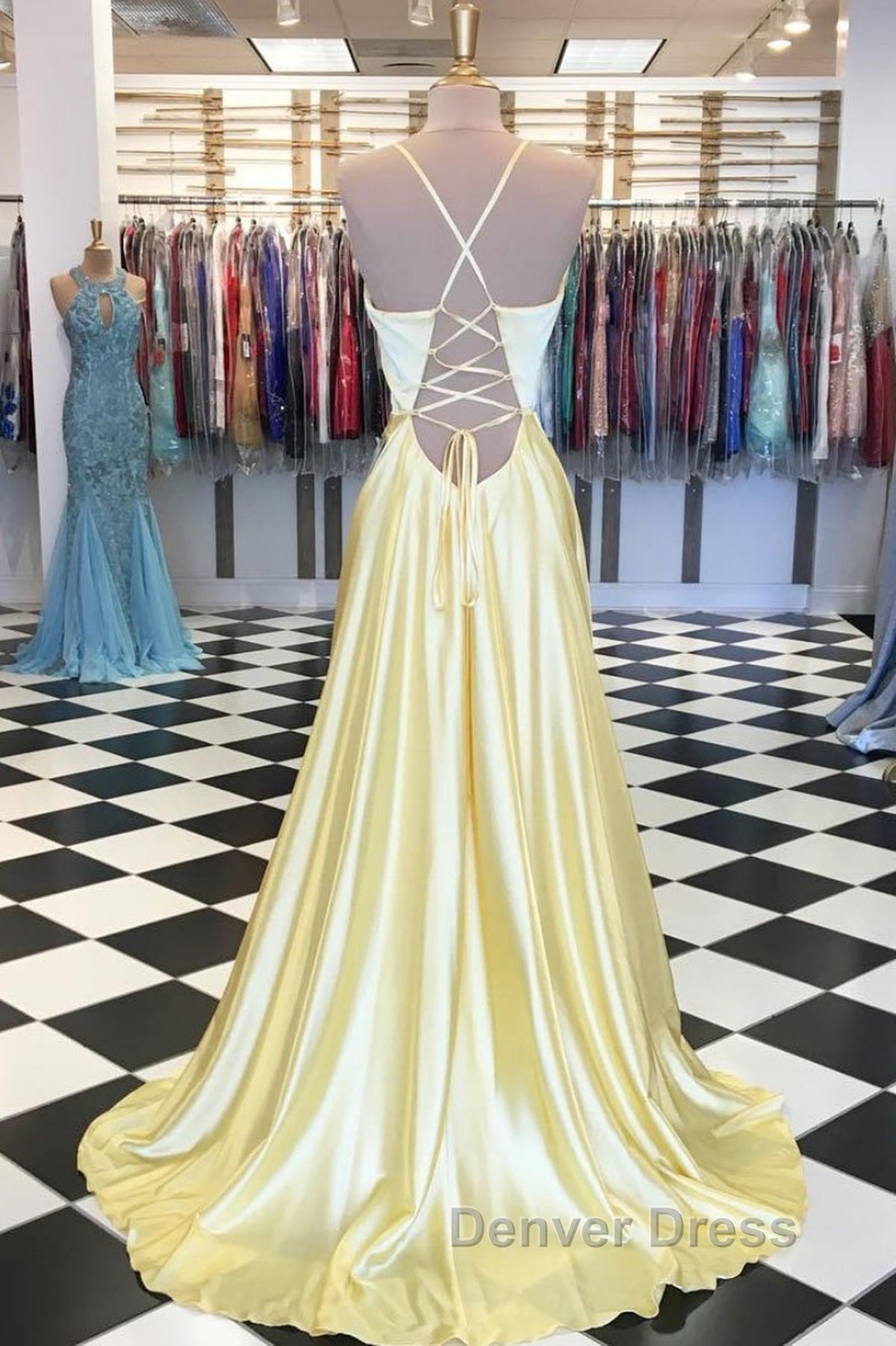 A Line V Neck Yellow Long Prom Dress, Yellow Long Backless Prom Dresses Secondary image