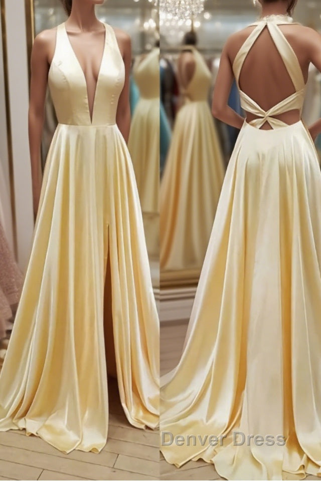 A Line V Neck Yellow Satin Long Prom Dress, V Neck Backless Yellow Prom Dresses