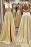 A Line V Neck Yellow Satin Long Prom Dress, V Neck Backless Yellow Prom Dresses