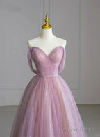 A-Line V-Neckline Beaded Tulle Off Shoulder Prom Dress, Pink Tulle Evening Dress