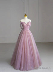 A-Line V-Neckline Beaded Tulle Off Shoulder Prom Dress, Pink Tulle Evening Dress