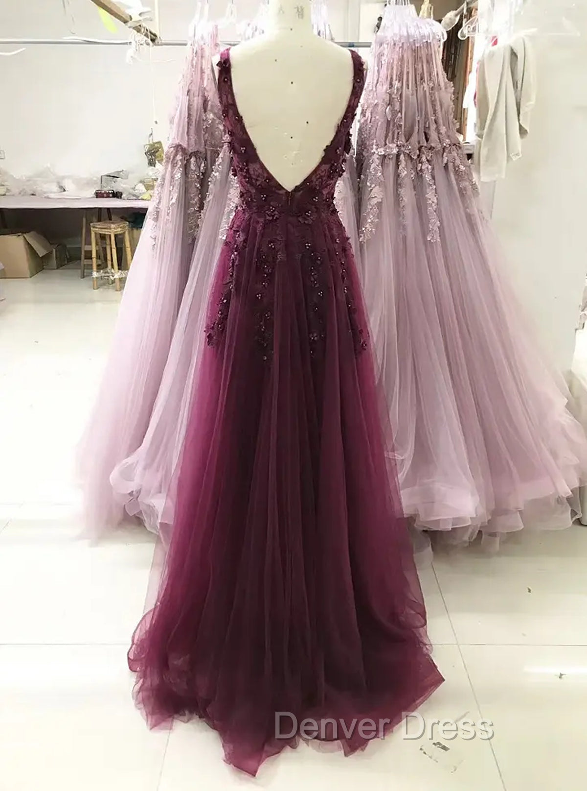 A-line V-neckline Flowers Tulle  Evening Dresses Prom Dresses, Long Wedding Party Dresses Secondary image