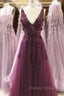 A Line V Neckline Flowers Tulle Prom Dress Prom Dress, Long Wedding Prom Dresses