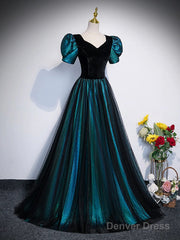 A-Line Velvet And Tulle Long Prom Dress, Short Sleeve  Party Dress Formal Dress