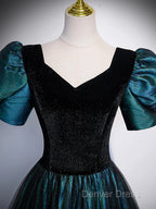 A-Line Velvet And Tulle Long Prom Dresses, Short Sleeve  Party Dresses Formal Dresses