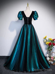 A-Line Velvet And Tulle Long Prom Dress, Short Sleeve  Party Dress Formal Dress