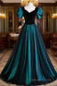 A-Line Velvet And Tulle Long Prom Dresses, Short Sleeve  Party Dresses Formal Dresses