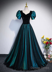 A-Line Velvet And Tulle Long Prom Dress, Short Sleeve  Party Dress Formal Dress