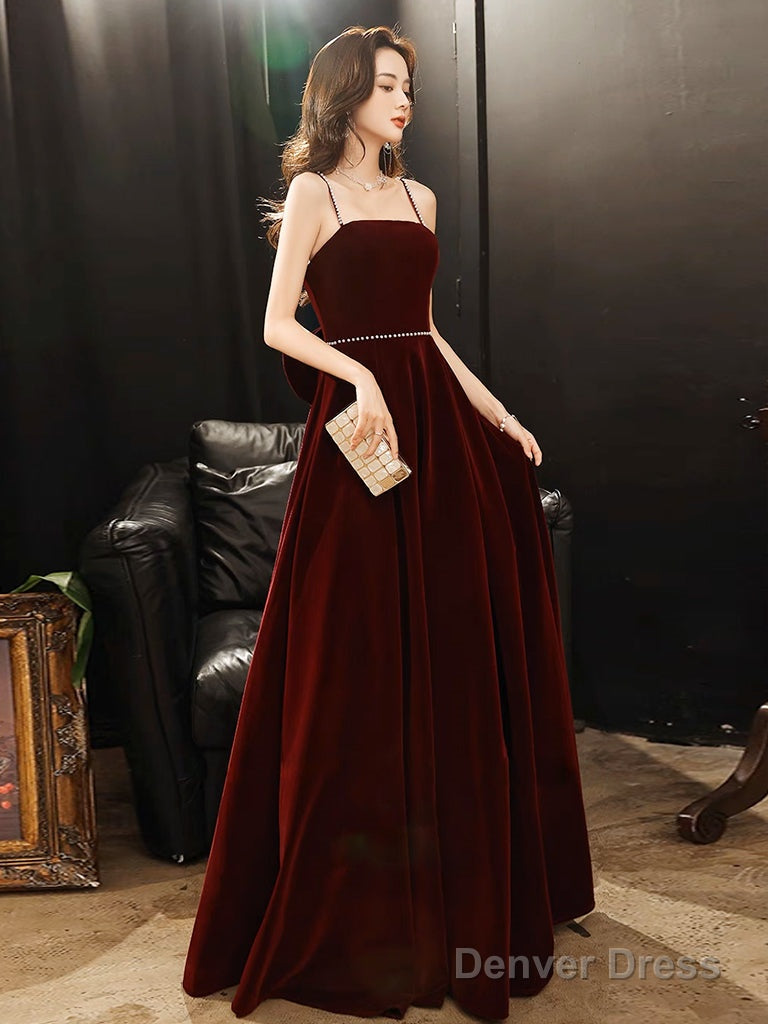 A-Line Velvet Burgundy Long Prom Dress, Burgundy Long Evening Dress Main image