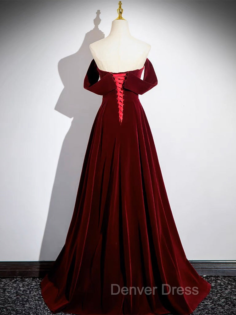 A-Line Velvet Burgundy Long Prom Dresses, Burgundy Long Formal Dresses Secondary image