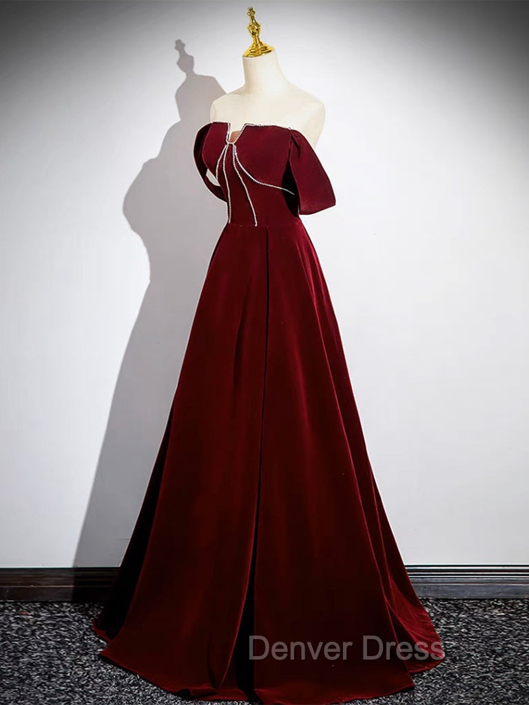 A Line Velvet Burgundy Long Prom Dress, Burgundy Long Prom Dresses