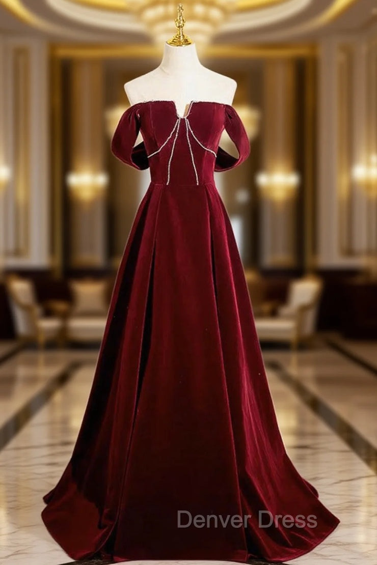 A Line Velvet Burgundy Long Prom Dress, Burgundy Long Prom Dresses Main image