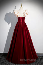 A Line Velvet Floor Length Prom Dress, Burgundy Off the Shoulder Prom Dresses