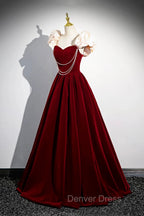 A Line Velvet Floor Length Prom Dress, Burgundy Off the Shoulder Prom Dresses
