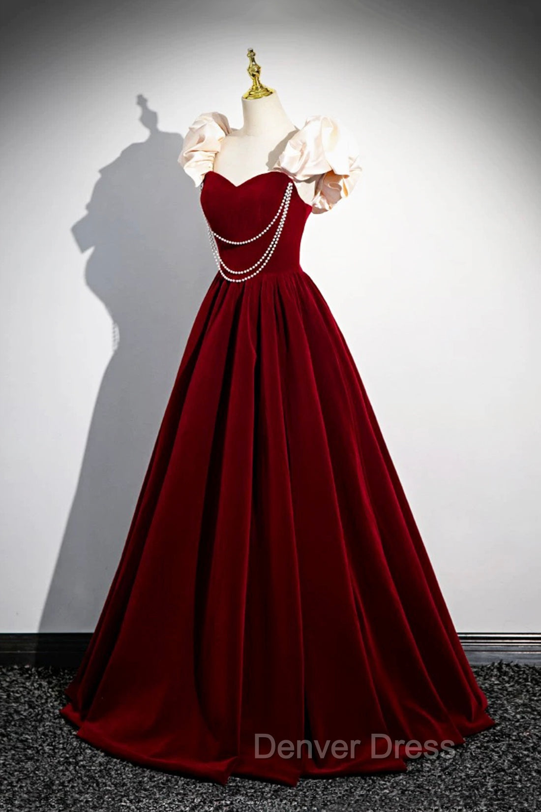 A Line Velvet Floor Length Prom Dress, Burgundy Off the Shoulder Prom Dresses