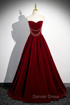 A Line Velvet Floor Length Prom Dress, Burgundy Off the Shoulder Prom Dresses